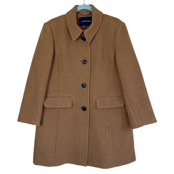 LANDS’ END Womens 16P Camel Wool Blend Mid-Length Peacoat Car Coat - Picture 2 of 16